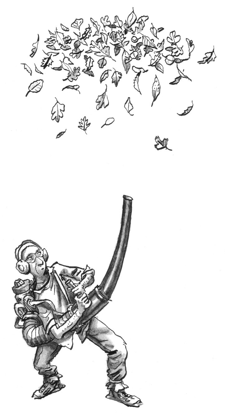 Rob Shepperson illustration of a hunched landscape worker aiming a massive backpack leaf blower upward, sending a cloud of leaves high into the air