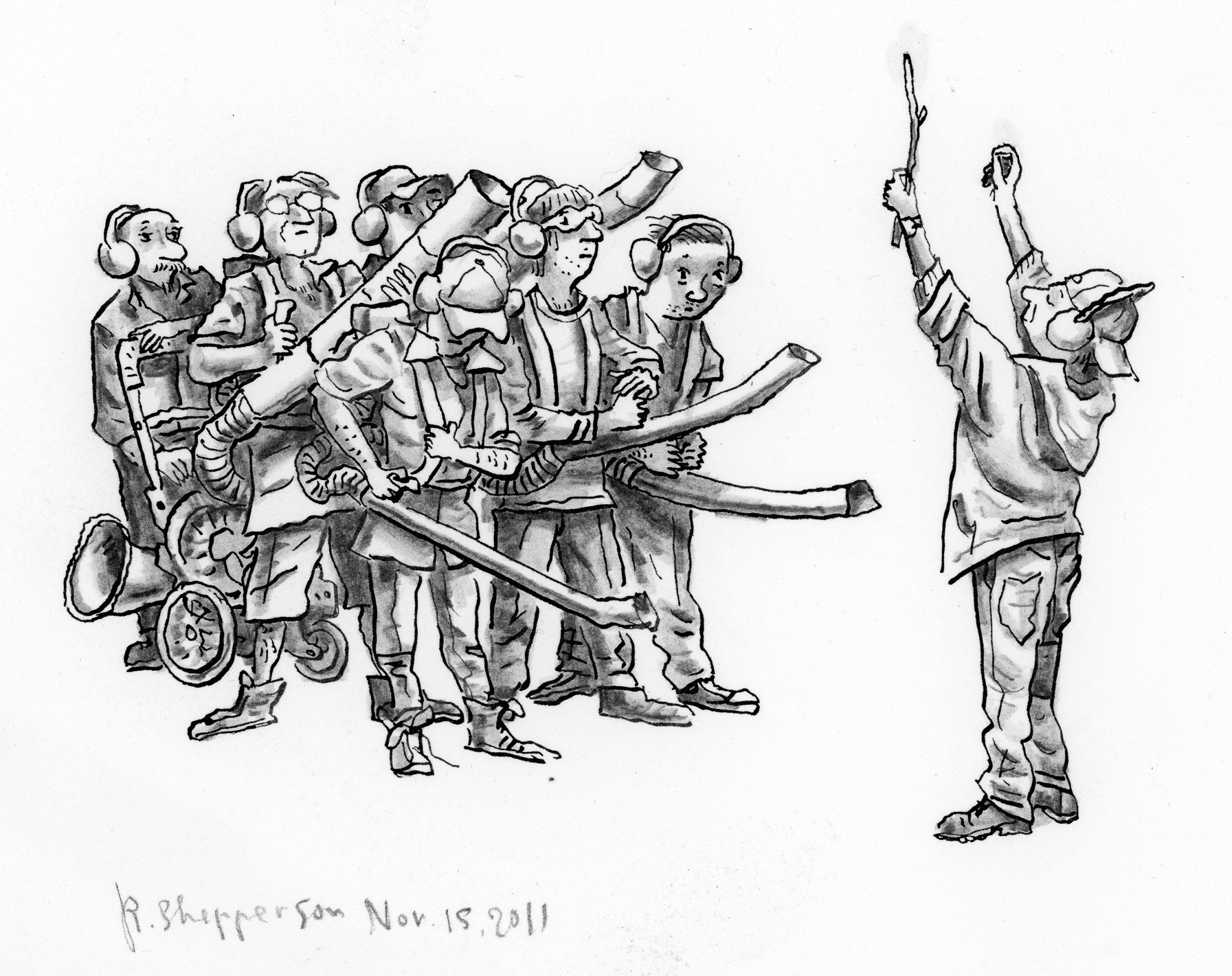 Rob Shepperson illustration — a group of landscape workers with ear protection hold gas-powered leaf blowers like brass instruments, being conducted by a figure with a baton